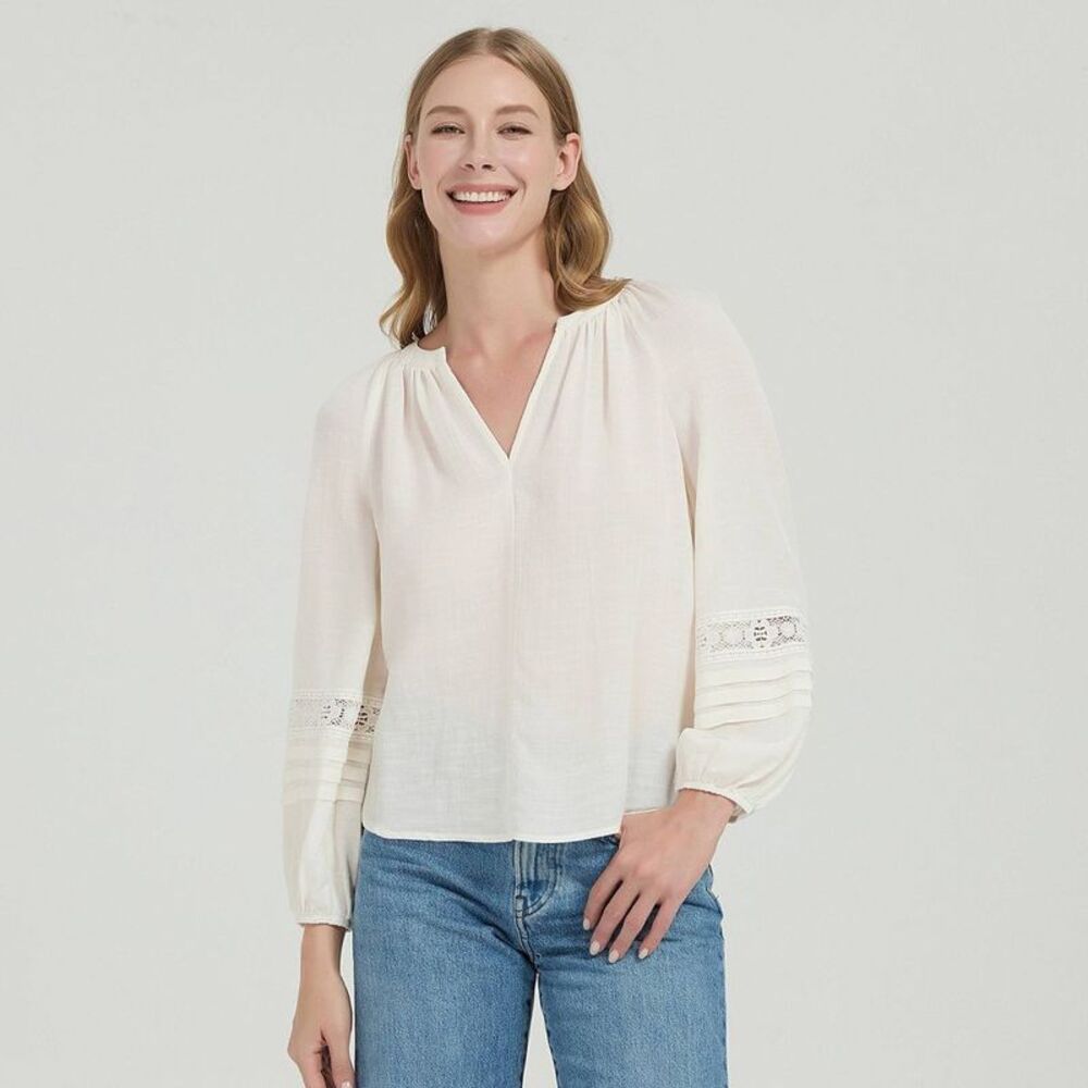 Women's Balloon Long Sleeve V-Neck Lace Blouse - Universal Thread Ivory M